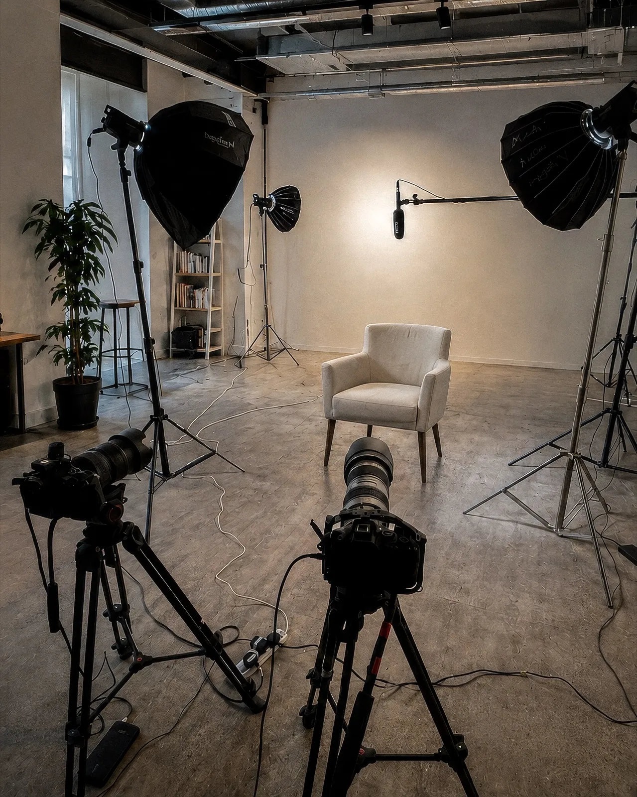 A studio interview setup with lighting, camera and boom microphone in position
